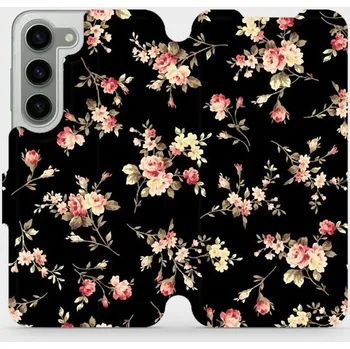 Flipové pouzdro Mobiwear - Samsung Galaxy S23 - VD02S Květy na černé (Knížkové flip pouzdro, obal, kryt na mobil Samsung Galaxy S23 - VD02S Květy na černé, materiál Umělá kůže + TPU - ochrana 360°, stojánek, silikonová vanička, magnetické zavírání)