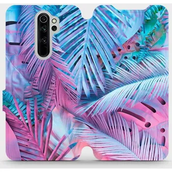 Pouzdro na mobilní telefon Flipové pouzdro Mobiwear - Xiaomi Redmi Note 8 Pro - MG10S Fialové a modré listy (Knížkové flip pouzdro, obal, kryt na mobil Xiaomi Redmi Note 8 Pro - MG10S Fialové a modré listy, materiál Umělá kůže + TPU - ochrana 360°, stojánek, silikonová vanička,)
