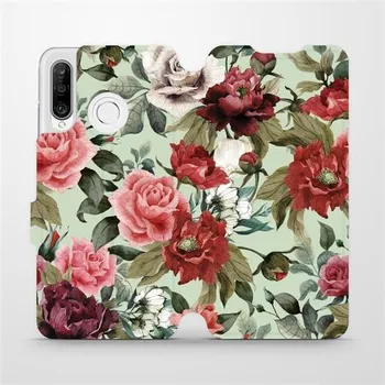 Pouzdro na mobilní telefon Flipové pouzdro Mobiwear - Huawei P30 Lite - MD06P Růže a květy na světle zeleném pozadí (Knížkové flip pouzdro, obal, kryt na mobil Huawei P30 Lite - MD06P Růže a květy na světle zeleném pozadí, materiál Umělá kůže + TPU - ochrana 360°, stojánek,)