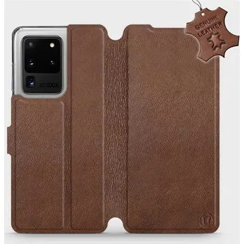 Pouzdro na mobilní telefon Kožené flip pouzdro Mobiwear - Samsung Galaxy S20 Ultra - Hnědé (Kožené knížkové pouzdro, obal, kryt na mobil Samsung Galaxy S20 Ultra, Hnědé, materiál Genuine Leather, ochrana 360°, stojánek, silikonová vanička, magnetické zavírání)