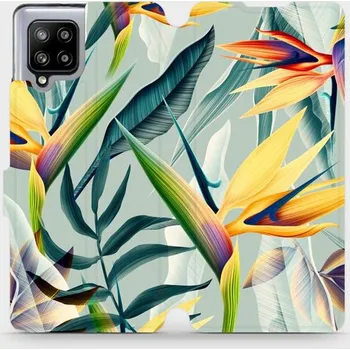 Pouzdro na mobilní telefon Flipové pouzdro Mobiwear - Samsung Galaxy A42 5G - MC02S Žluté velké květy a zelené listy (Knížkové flip pouzdro, obal, kryt na mobil Samsung Galaxy A42 5G - MC02S Žluté velké květy a zelené listy, materiál Umělá kůže + TPU - ochrana 360°, stojánek,)