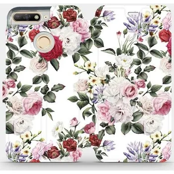Pouzdro na mobilní telefon Flipové pouzdro Mobiwear - Huawei Y6 Prime 2018 - MD01S Růže na bílé (Knížkové flip pouzdro, obal, kryt na mobil Huawei Y6 Prime 2018 - MD01S Růže na bílé, materiál Umělá kůže + TPU - ochrana 360°, stojánek, silikonová vanička, magnetické zavírání)