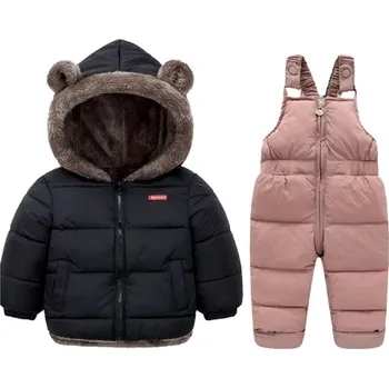 Dívčí oblečení Dětské oteplovací kalhoty s laclem + zimní bunda (12 barevných variant) Barva: černá bunda + růžové kalhoty, Velikost: 90/2 roky