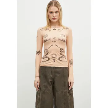 Dámské tričko Tričko s dlouhým rukávem Marine Serre Tattoo Printed Jersey Second Skin Crewneck Top oranžová barva, WTS006A.CJER0059, M, 20X