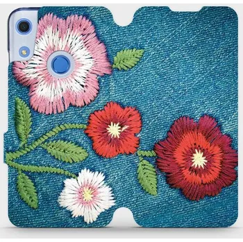 Pouzdro na mobilní telefon Flipové pouzdro Mobiwear - Huawei Y6S / Honor 8A - MD05P Džínové květy (Knížkové flip pouzdro, obal, kryt na mobil Huawei Y6S / Honor 8A - MD05P Džínové květy, materiál Umělá kůže + TPU - ochrana 360°, stojánek, silikonová vanička, magnetické zavírání)