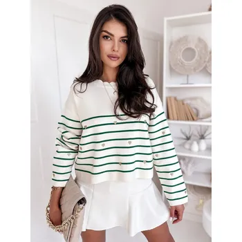 Dámský svetr Smetanově-zelený pruhovaný svetr se srdíčky VELORIA MY2027 Velikost: ONE SIZE