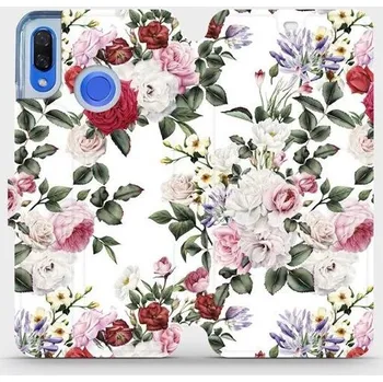 Pouzdro na mobilní telefon Flipové pouzdro Mobiwear - Huawei Nova 3 - MD01S Růže na bílé (Knížkové flip pouzdro, obal, kryt na mobil Huawei Nova 3 - MD01S Růže na bílé, materiál Umělá kůže + TPU - ochrana 360°, stojánek, silikonová vanička, magnetické zavírání)