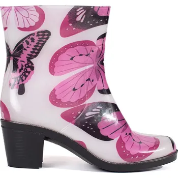 Dámské holínky Bílo-růžové dámské holínky na podpatku s designem motýlů, podpatek 6 cm KAL-MOTYL-P Velikost: 38