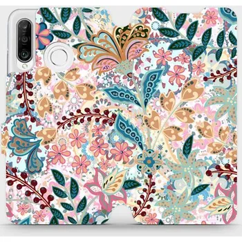 Pouzdro na mobilní telefon Flipové pouzdro Mobiwear - Huawei P30 Lite - MX04S Spletité kvítky a listy (Knížkové flip pouzdro, obal, kryt na mobil Huawei P30 Lite - MX04S Spletité kvítky a listy, materiál Umělá kůže + TPU - ochrana 360°, stojánek, silikonová vanička, magnetické)