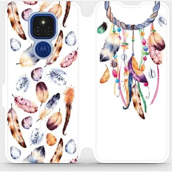 Pouzdro na mobilní telefon Flipové pouzdro Mobiwear - Motorola Moto E7 Plus - M003S Lapač a barevná pírka (Knížkové flip pouzdro, obal, kryt na mobil Motorola Moto E7 Plus - M003S Lapač a barevná pírka, materiál Umělá kůže + TPU - ochrana 360°, stojánek, silikonová vanička,)