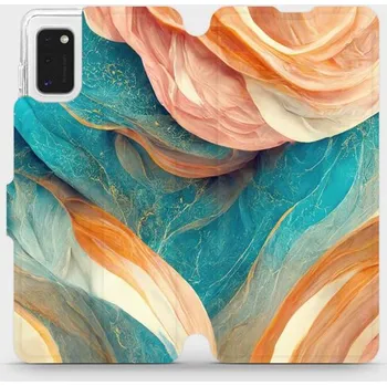 Pouzdro na mobilní telefon Flipové pouzdro Mobiwear - Samsung Galaxy A41 - VP36S Azurový a oranžový mramor (Knížkové flip pouzdro, obal, kryt na mobil Samsung Galaxy A41 - VP36S Azurový a oranžový mramor, materiál Umělá kůže + TPU - ochrana 360°, stojánek, silikonová vanička,)