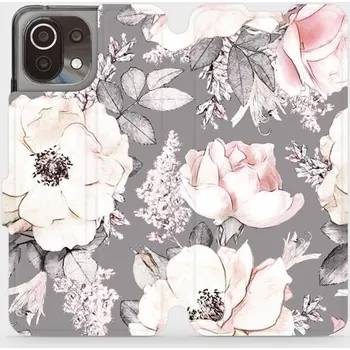 Pouzdro na mobilní telefon Flipové pouzdro Mobiwear - Xiaomi Mi 11 Lite LTE / 5G - MX06S Květy na šedém pozadí (Knížkové flip pouzdro, obal, kryt na mobil Xiaomi Mi 11 Lite LTE / 5G - MX06S Květy na šedém pozadí, materiál Umělá kůže + TPU - ochrana 360°, stojánek, silikonová vaničk