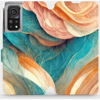 Pouzdro na mobilní telefon Flipové pouzdro Mobiwear - Xiaomi Mi 10T / 10T Pro - VP36S Azurový a oranžový mramor (Knížkové flip pouzdro, obal, kryt na mobil Xiaomi Mi 10T / 10T Pro - VP36S Azurový a oranžový mramor, materiál Umělá kůže + TPU - ochrana 360°, stojánek, silikonová)