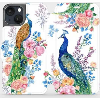 Pouzdro na mobilní telefon Flipové pouzdro Mobiwear - Apple iPhone 13 - MX08S Pávi (Knížkové flip pouzdro, obal, kryt na mobil Apple iPhone 13 - MX08S Pávi, materiál Umělá kůže + TPU - ochrana 360°, stojánek, silikonová vanička, magnetické zavírání)