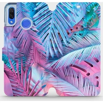 Pouzdro na mobilní telefon Flipové pouzdro Mobiwear - Huawei Nova 3 - MG10S Fialové a modré listy (Knížkové flip pouzdro, obal, kryt na mobil Huawei Nova 3 - MG10S Fialové a modré listy, materiál Umělá kůže + TPU - ochrana 360°, stojánek, silikonová vanička, magnetické zavírání)