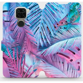 Pouzdro na mobilní telefon Flipové pouzdro Mobiwear - Xiaomi Redmi Note 9 - MG10S Fialové a modré listy (Knížkové flip pouzdro, obal, kryt na mobil Xiaomi Redmi Note 9 - MG10S Fialové a modré listy, materiál Umělá kůže + TPU - ochrana 360°, stojánek, silikonová vanička, magnetické)