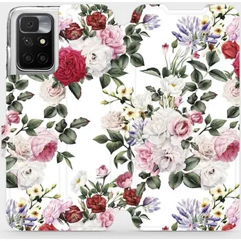 Pouzdro na mobilní telefon Flipové pouzdro Mobiwear - Xiaomi Redmi 10 - MD01S Růže na bílé (Knížkové flip pouzdro, obal, kryt na mobil Xiaomi Redmi 10 - MD01S Růže na bílé, materiál Umělá kůže + TPU - ochrana 360°, stojánek, silikonová vanička, magnetické zavírání)