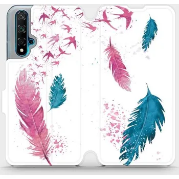 Pouzdro na mobilní telefon Flipové pouzdro Mobiwear - Huawei Nova 5T - MR08S Pírka (Knížkové flip pouzdro, obal, kryt na mobil Huawei Nova 5T - MR08S Pírka, materiál Umělá kůže + TPU - ochrana 360°, stojánek, silikonová vanička, magnetické zavírání)