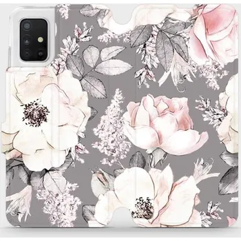 Pouzdro na mobilní telefon Flipové pouzdro Mobiwear - Samsung Galaxy A51 - MX06S Květy na šedém pozadí (Knížkové flip pouzdro, obal, kryt na mobil Samsung Galaxy A51 - MX06S Květy na šedém pozadí, materiál Umělá kůže + TPU - ochrana 360°, stojánek, silikonová vanička, magnetické)