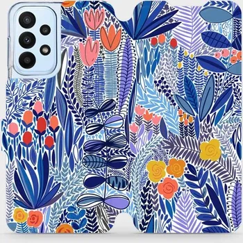 Pouzdro na mobilní telefon Flipové pouzdro Mobiwear - Samsung Galaxy A23 / A23 5G MP03P Modrá květena (Knížkové flip pouzdro, obal, kryt na mobil Samsung Galaxy A23 / A23 5G MP03P Modrá květena, materiál Umělá kůže + TPU - ochrana 360°, stojánek, silikonová vanička, magnetické)