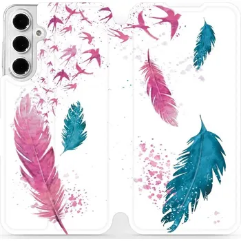 Pouzdro na mobilní telefon Flipové pouzdro Mobiwear - Samsung Galaxy A16 / A16 5G - MR08S Pírka (Knížkové flip pouzdro, obal, kryt na mobil Samsung Galaxy A16 / A16 5G - MR08S Pírka, materiál Umělá kůže + TPU - ochrana 360°, stojánek, silikonová vanička, magnetické zavírání)