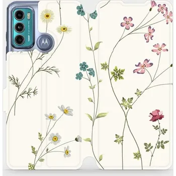 Pouzdro na mobilní telefon Flipové pouzdro Mobiwear - Motorola Moto G60 - MD03S Tenké rostlinky s květy (Knížkové flip pouzdro, obal, kryt na mobil Motorola Moto G60 - MD03S Tenké rostlinky s květy, materiál Umělá kůže + TPU - ochrana 360°, stojánek, silikonová vanička, magnetické)
