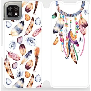 Pouzdro na mobilní telefon Flipové pouzdro Mobiwear - Samsung Galaxy A22 5G - M003S Lapač a barevná pírka (Knížkové flip pouzdro, obal, kryt na mobil Samsung Galaxy A22 5G - M003S Lapač a barevná pírka, materiál Umělá kůže + TPU - ochrana 360°, stojánek, silikonová vanička,)