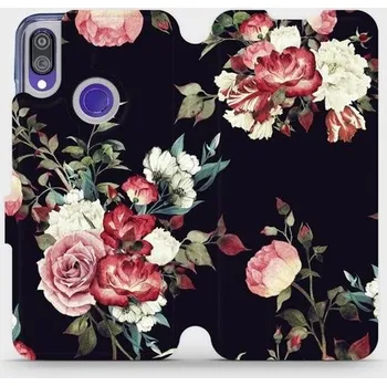 Pouzdro na mobilní telefon Flipové pouzdro Mobiwear - Xiaomi Redmi Note 7 - VD11P Růže na černé (Knížkové flip pouzdro, obal, kryt na mobil Xiaomi Redmi Note 7 - VD11P Růže na černé, materiál Umělá kůže + TPU - ochrana 360°, stojánek, silikonová vanička, magnetické zavírání)