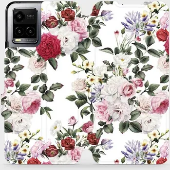 Pouzdro na mobilní telefon Flipové pouzdro Mobiwear - Vivo Y21s - MD01S Růže na bílé (Knížkové flip pouzdro, obal, kryt na mobil Vivo Y21s - MD01S Růže na bílé, materiál Umělá kůže + TPU - ochrana 360°, stojánek, silikonová vanička, magnetické zavírání)