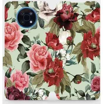 Pouzdro na mobilní telefon Flipové pouzdro Mobiwear - Nokia G50 5G - MD06P Růže a květy na světle zeleném pozadí (Knížkové flip pouzdro, obal, kryt na mobil Nokia G50 5G - MD06P Růže a květy na světle zeleném pozadí, materiál Umělá kůže + TPU - ochrana 360°, stojánek, silikonová)