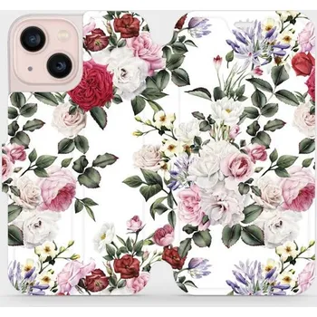 Pouzdro na mobilní telefon Flipové pouzdro Mobiwear - Apple iPhone 13 Mini - MD01S Růže na bílé (Knížkové flip pouzdro, obal, kryt na mobil Apple iPhone 13 Mini - MD01S Růže na bílé, materiál Umělá kůže + TPU - ochrana 360°, stojánek, silikonová vanička, magnetické zavírání)