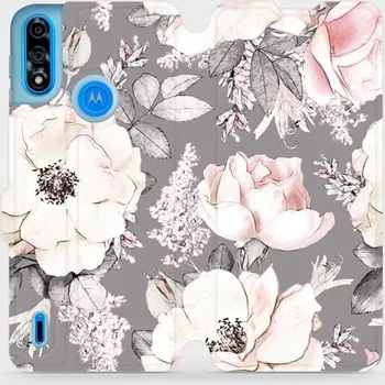 Pouzdro na mobilní telefon Flipové pouzdro Mobiwear - Motorola Moto E7 Power - MX06S Květy na šedém pozadí (Knížkové flip pouzdro, obal, kryt na mobil Motorola Moto E7 Power - MX06S Květy na šedém pozadí, materiál Umělá kůže + TPU - ochrana 360°, stojánek, silikonová vanička,)