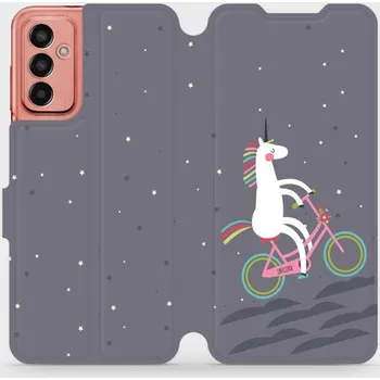 Pouzdro na mobilní telefon Flipové pouzdro Mobiwear - Samsung Galaxy M13 - V024P Jednorožec na kole (Knížkové flip pouzdro, obal, kryt na mobil Samsung Galaxy M13 - V024P Jednorožec na kole, materiál Umělá kůže + TPU - ochrana 360°, stojánek, silikonová vanička, magnetické zavírání