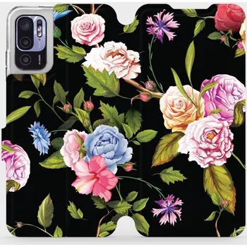 Pouzdro na mobilní telefon Flipové pouzdro Mobiwear - Xiaomi Redmi Note 10 5G - VD07S Růže a květy na černém pozadí (Knížkové flip pouzdro, obal, kryt na mobil Xiaomi Redmi Note 10 5G - VD07S Růže a květy na černém pozadí, materiál Umělá kůže + TPU - ochrana 360°, stojánek,)