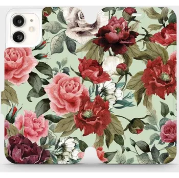Pouzdro na mobilní telefon Flipové pouzdro Mobiwear - Apple iPhone 11 - MD06P Růže a květy na světle zeleném pozadí (Knížkové flip pouzdro, obal, kryt na mobil Apple iPhone 11 - MD06P Růže a květy na světle zeleném pozadí, materiál Umělá kůže + TPU - ochrana 360°, stojánek,)