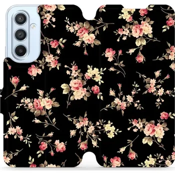 Pouzdro na mobilní telefon Flipové pouzdro Mobiwear - Samsung Galaxy A54 5G - VD02S Květy na černé (Knížkové flip pouzdro, obal, kryt na mobil Samsung Galaxy A54 5G - VD02S Květy na černé, materiál Umělá kůže + TPU - ochrana 360°, stojánek, silikonová vanička, magnetické zavírání)