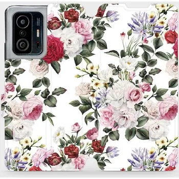 Pouzdro na mobilní telefon Flipové pouzdro Mobiwear - Xiaomi 11T Pro / Xiaomi 11T - MD01S Růže na bílé (Knížkové flip pouzdro, obal, kryt na mobil Xiaomi 11T Pro / Xiaomi 11T - MD01S Růže na bílé, materiál Umělá kůže + TPU - ochrana 360°, stojánek, silikonová vanička, magnetické)