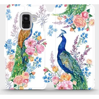 Pouzdro na mobilní telefon Flipové pouzdro Mobiwear - Samsung Galaxy A8 2018 - MX08S Pávi (Knížkové flip pouzdro, obal, kryt na mobil Samsung Galaxy A8 2018 - MX08S Pávi, materiál Umělá kůže + TPU - ochrana 360°, stojánek, silikonová vanička, magnetické zavírání)