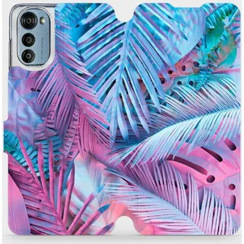 Pouzdro na mobilní telefon Flipové pouzdro Mobiwear - Motorola Moto E32s - MG10S Fialové a modré listy (Knížkové flip pouzdro, obal, kryt na mobil Motorola Moto E32s - MG10S Fialové a modré listy, materiál Umělá kůže + TPU - ochrana 360°, stojánek, silikonová vanička, magnetické)