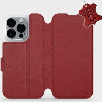 Kožené flip pouzdro Mobiwear - Apple iPhone 14 Pro - Tmavě červené (Kožené knížkové pouzdro, obal, kryt na mobil Apple iPhone 14 Pro, Tmavě červené, materiál Genuine Leather, ochrana 360°, stojánek, silikonová vanička, magnetické zavírání)