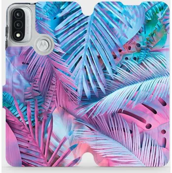 Pouzdro na mobilní telefon Flipové pouzdro Mobiwear - Motorola Moto E20 - MG10S Fialové a modré listy (Knížkové flip pouzdro, obal, kryt na mobil Motorola Moto E20 - MG10S Fialové a modré listy, materiál Umělá kůže + TPU - ochrana 360°, stojánek, silikonová vanička, magnetické)