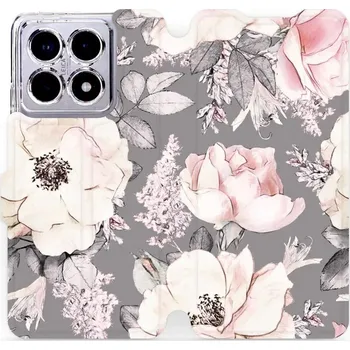 Pouzdro na mobilní telefon Flipové pouzdro Mobiwear - Xiaomi 14T - MX06S Květy na šedém pozadí (Knížkové flip pouzdro, obal, kryt na mobil Xiaomi 14T - MX06S Květy na šedém pozadí, materiál Umělá kůže + TPU - ochrana 360°, stojánek, silikonová vanička, magnetické zavírání)