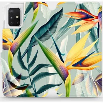 Pouzdro na mobilní telefon Flipové pouzdro Mobiwear - Samsung Galaxy A51 - MC02S Žluté velké květy a zelené listy (Knížkové flip pouzdro, obal, kryt na mobil Samsung Galaxy A51 - MC02S Žluté velké květy a zelené listy, materiál Umělá kůže + TPU - ochrana 360°, stojánek, silikonová)