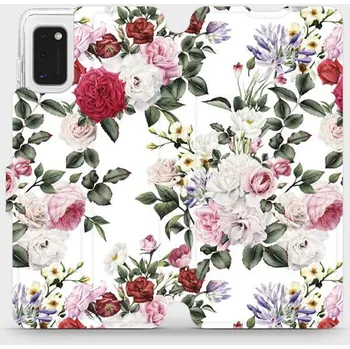 Pouzdro na mobilní telefon Flipové pouzdro Mobiwear - Samsung Galaxy A41 - MD01S Růže na bílé (Knížkové flip pouzdro, obal, kryt na mobil Samsung Galaxy A41 - MD01S Růže na bílé, materiál Umělá kůže + TPU - ochrana 360°, stojánek, silikonová vanička, magnetické zavírání)