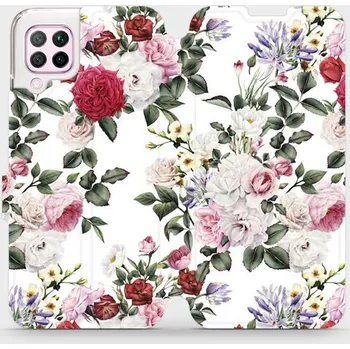 Pouzdro na mobilní telefon Flipové pouzdro Mobiwear - Huawei P40 Lite - MD01S Růže na bílé (Knížkové flip pouzdro, obal, kryt na mobil Huawei P40 Lite - MD01S Růže na bílé, materiál Umělá kůže + TPU - ochrana 360°, stojánek, silikonová vanička, magnetické zavírání)