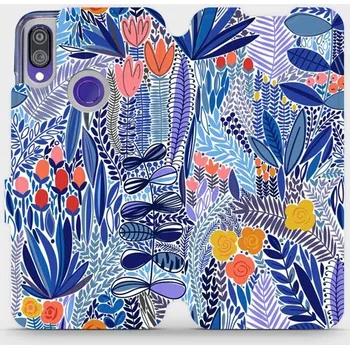 Pouzdro na mobilní telefon Flipové pouzdro Mobiwear - Xiaomi Redmi Note 7 - MP03P Modrá květena (Knížkové flip pouzdro, obal, kryt na mobil Xiaomi Redmi Note 7 - MP03P Modrá květena, materiál Umělá kůže + TPU - ochrana 360°, stojánek, silikonová vanička, magnetické zavírání)