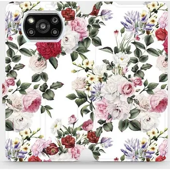 Pouzdro na mobilní telefon Flipové pouzdro Mobiwear - Xiaomi Poco X3 Pro - MD01S Růže na bílé (Knížkové flip pouzdro, obal, kryt na mobil Xiaomi Poco X3 Pro - MD01S Růže na bílé, materiál Umělá kůže + TPU - ochrana 360°, stojánek, silikonová vanička, magnetické zavírání)