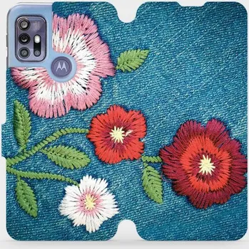Pouzdro na mobilní telefon Flipové pouzdro Mobiwear - Motorola Moto G30 - MD05P Džínové květy (Knížkové flip pouzdro, obal, kryt na mobil Motorola Moto G30 - MD05P Džínové květy, materiál Umělá kůže + TPU - ochrana 360°, stojánek, silikonová vanička, magnetické zavírání)