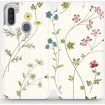 Pouzdro na mobilní telefon Flipové pouzdro Mobiwear - Samsung Galaxy M11 - MD03S Tenké rostlinky s květy (Knížkové flip pouzdro, obal, kryt na mobil Samsung Galaxy M11 - MD03S Tenké rostlinky s květy, materiál Umělá kůže + TPU - ochrana 360°, stojánek, silikonová vanička, magnetick