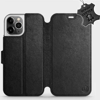 Kožené flip pouzdro Mobiwear - Apple iPhone 12 Pro - Černé (Kožené knížkové pouzdro, obal, kryt na mobil Apple iPhone 12 Pro, Černé, materiál Genuine Leather, ochrana 360°, stojánek, silikonová vanička, magnetické zavírání)